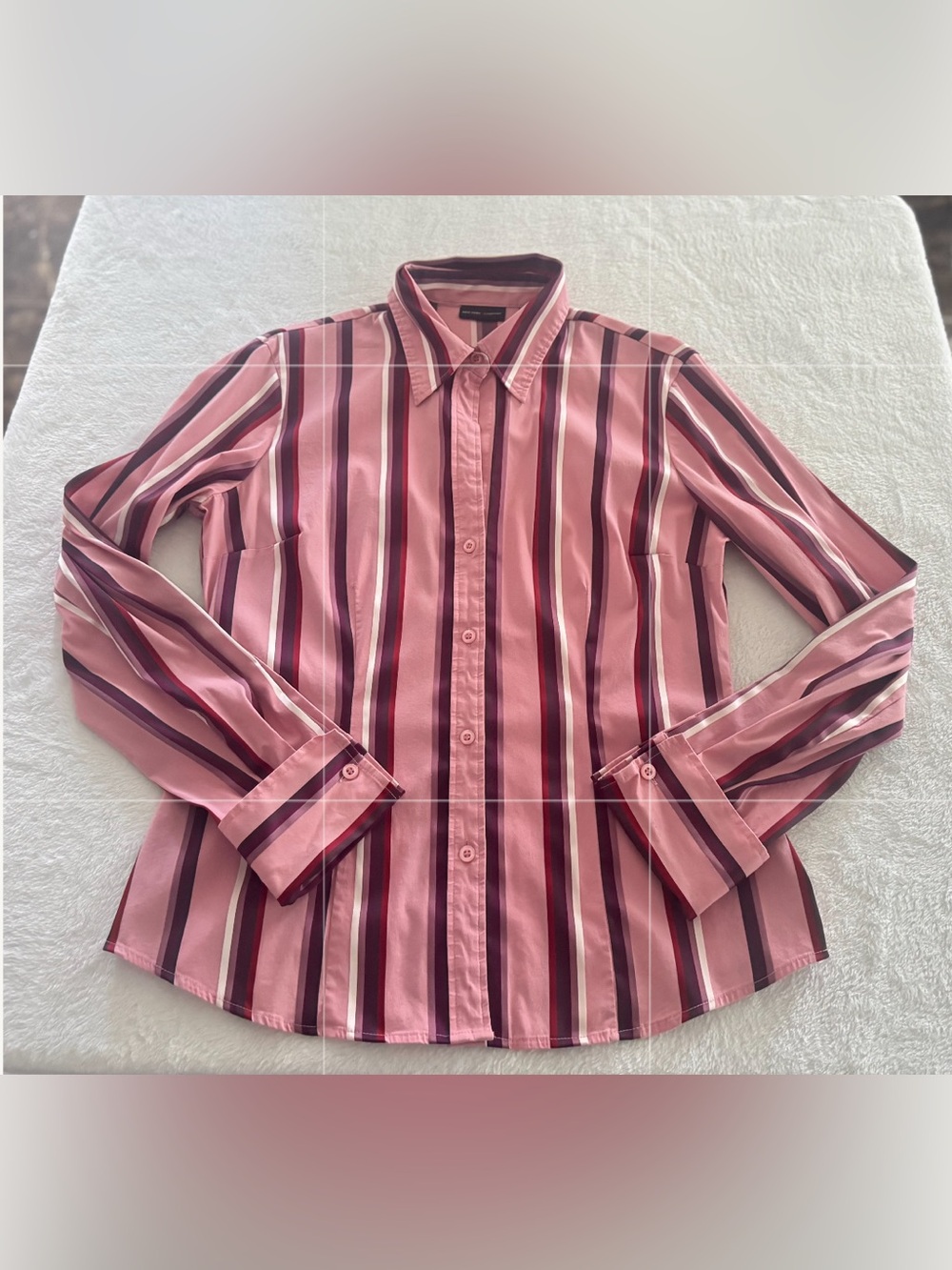 New York & Company Women’s Medium Pink Burgundy Striped Button Down Shirt